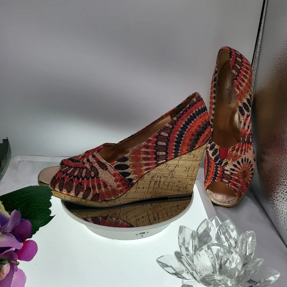 Cork Wedge Heels Colorful Embroidered Brocade Shoes~9 Snakeskin like print. - Picture 3 of 4